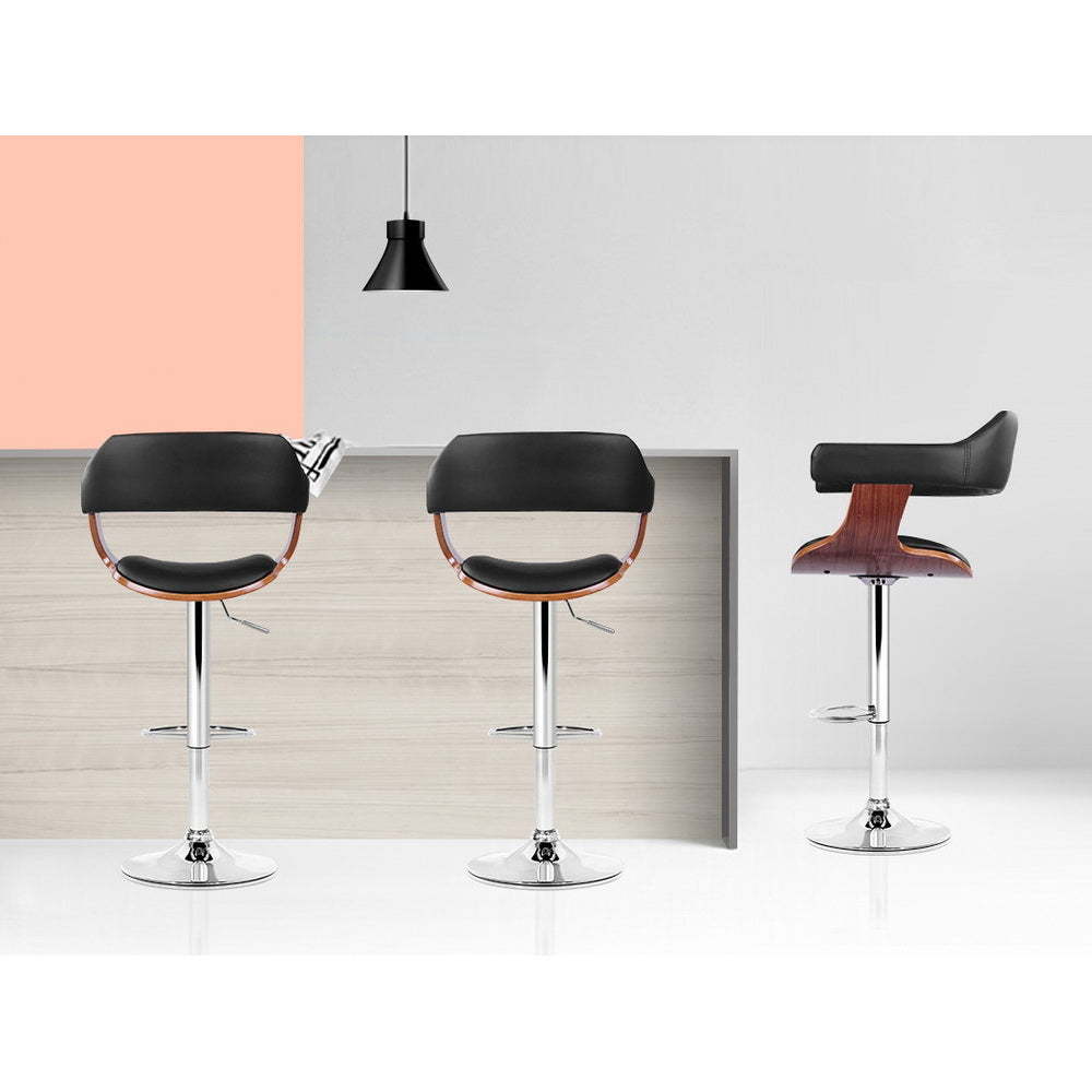 2x Bar Stools Gas Lift Leather w/Armrest Black By Artiss