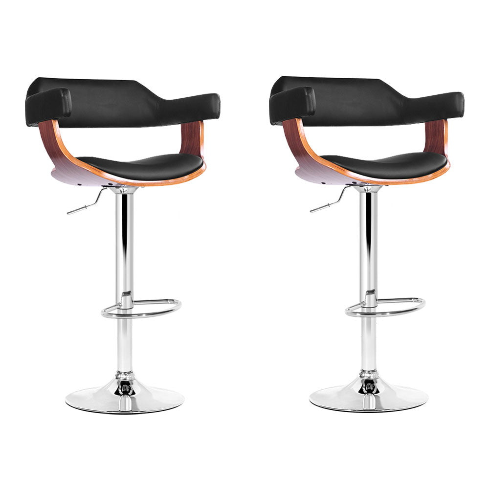 2x Bar Stools Gas Lift Leather w/Armrest Black By Artiss