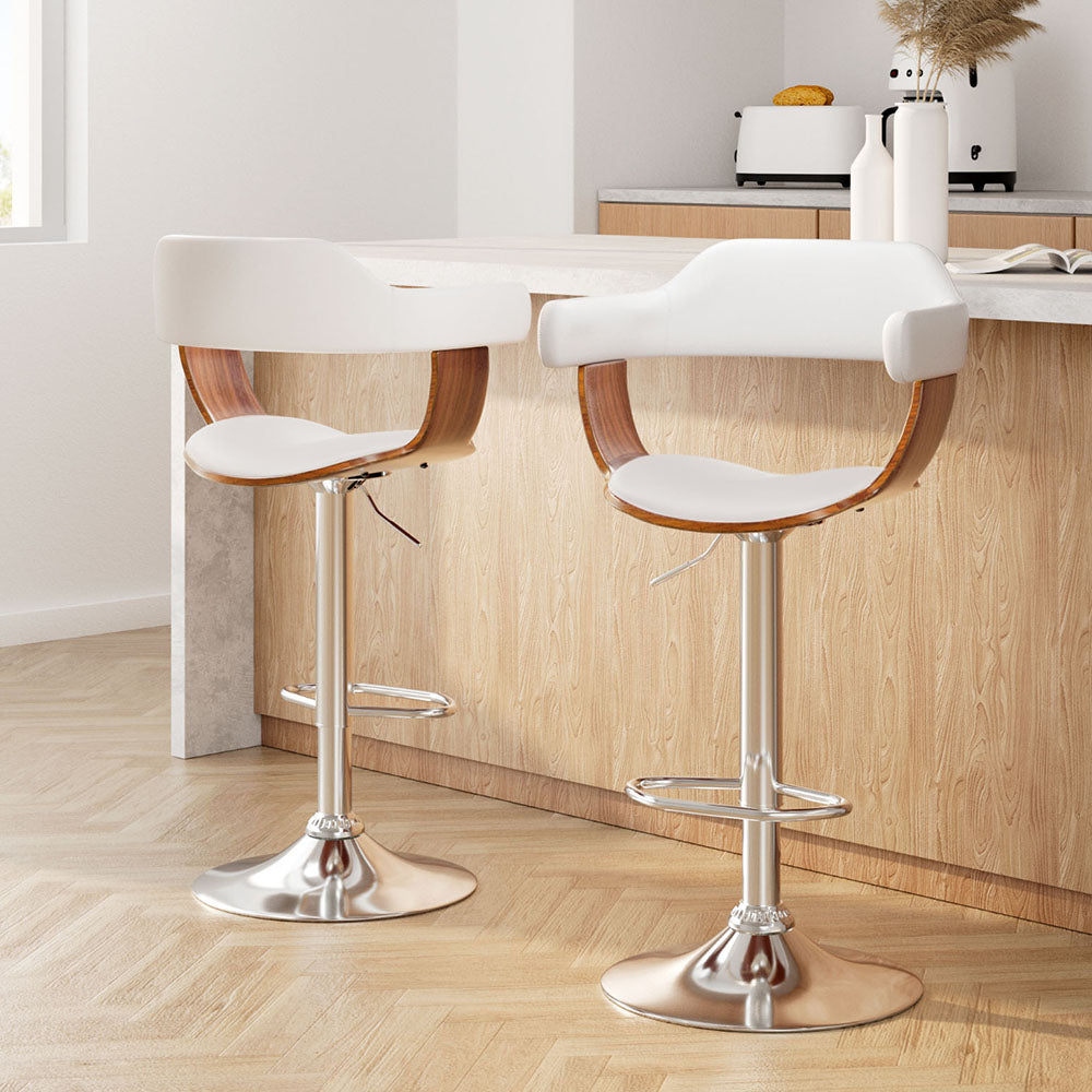 2x Bar Stools Gas Lift Leather w/Armrest White By Artiss