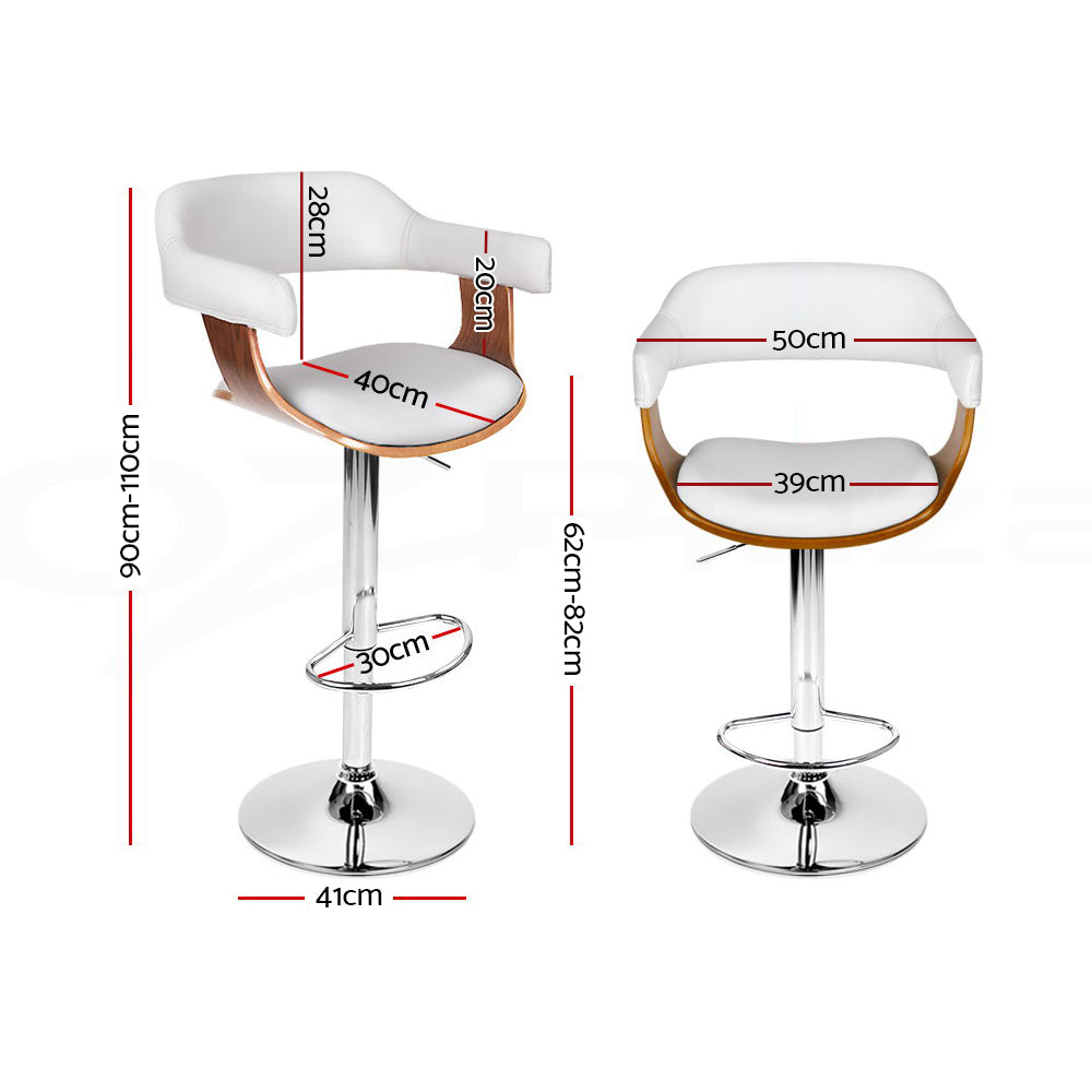 2x Bar Stools Gas Lift Leather w/Armrest White By Artiss