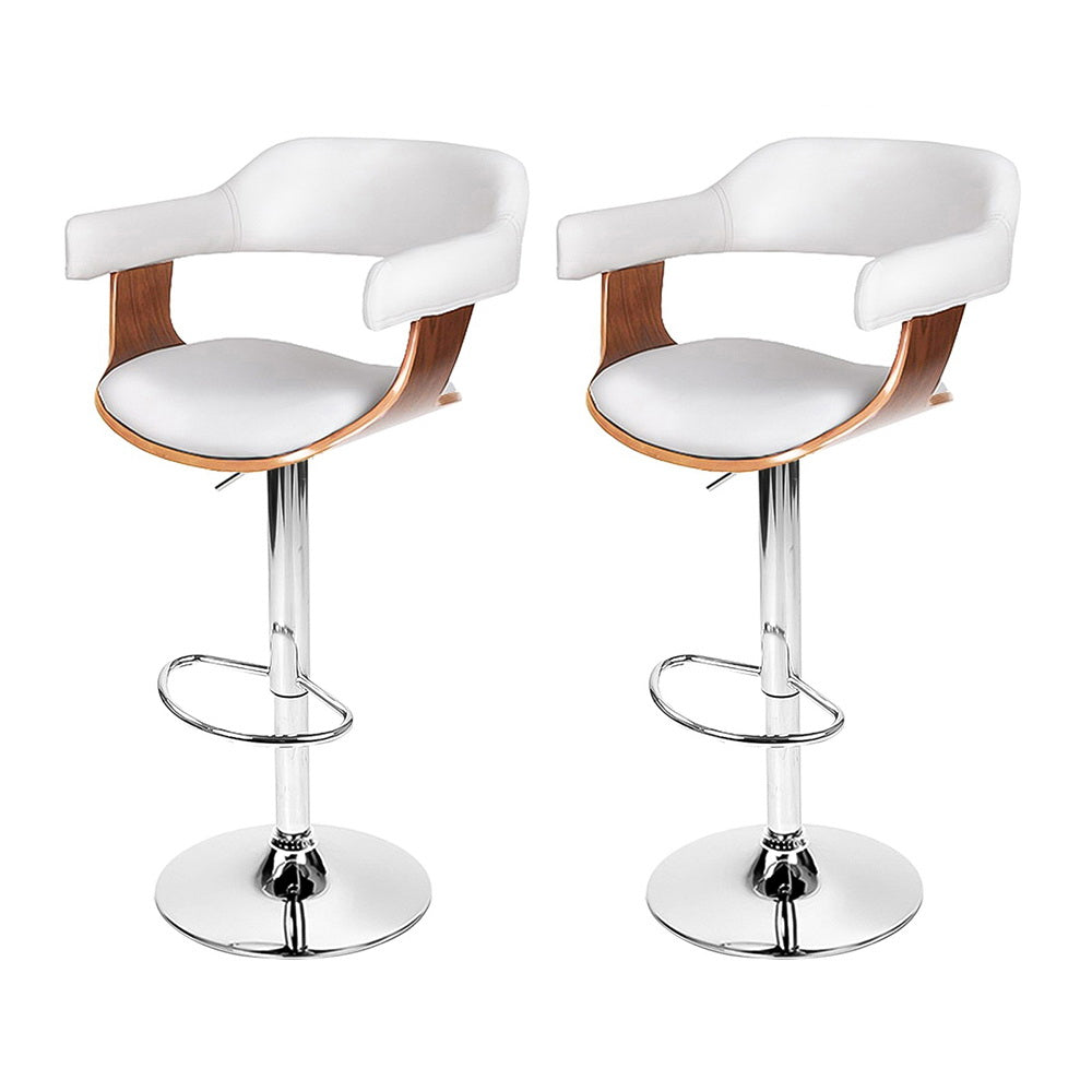 2x Bar Stools Gas Lift Leather w/Armrest White By Artiss