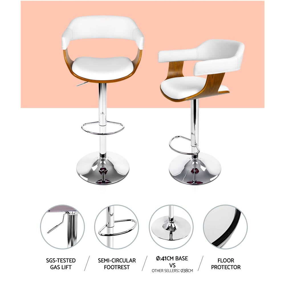 2x Bar Stools Gas Lift Leather w/Armrest White By Artiss