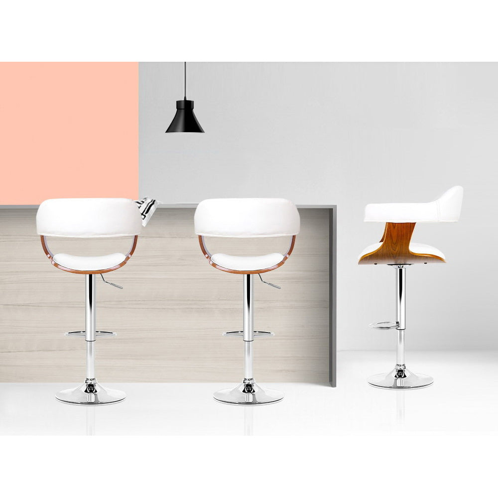 2x Bar Stools Gas Lift Leather w/Armrest White By Artiss