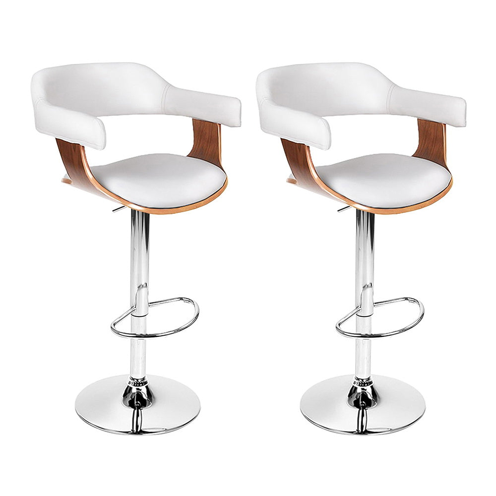 2x Bar Stools Gas Lift Leather w/Armrest White By Artiss