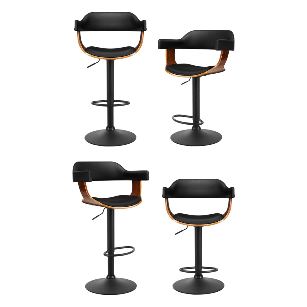 4x Bar Stools Gas Lift Leather w/Armrest All Black by by Artiss