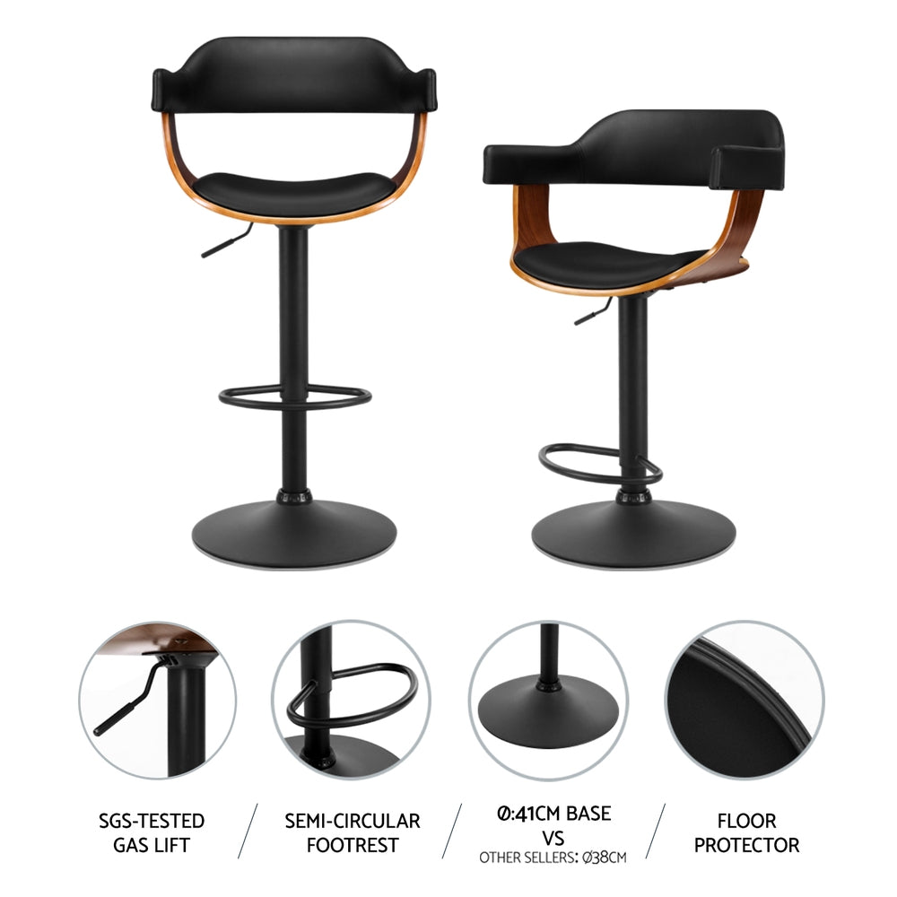 4x Bar Stools Gas Lift Leather w/Armrest All Black by by Artiss