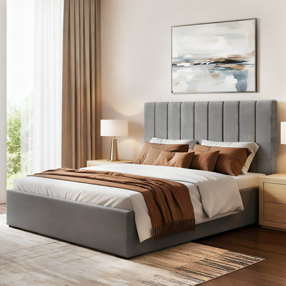 Queen Bed Frame with Storage Grey Velvet Headboard Gas Lift Platform Base by Artiss