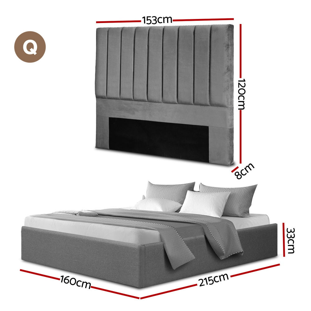 Queen Bed Frame with Storage Grey Velvet Headboard Gas Lift Platform Base by Artiss