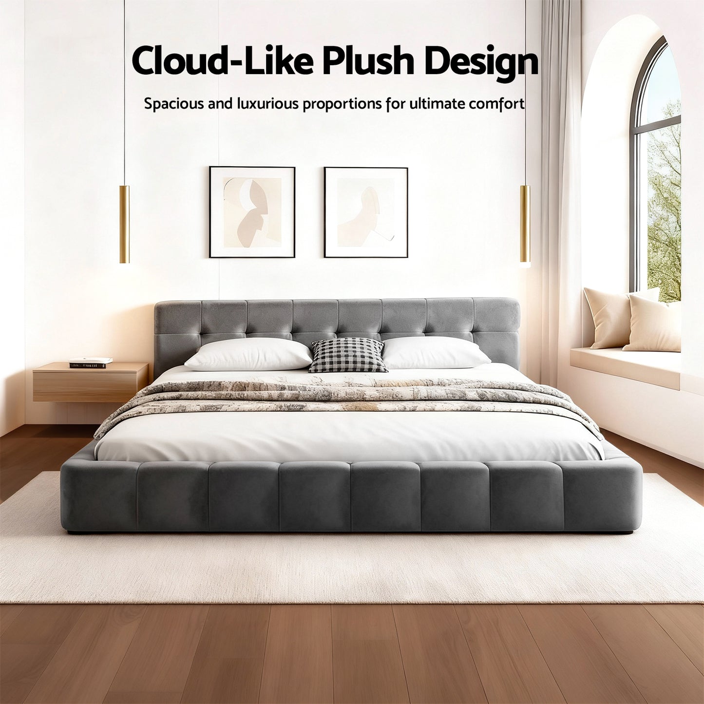 Queen Size Bed Frame Plush Soft Headboard Velvet Platform Base for Modern Bedrooms Grey by Artiss