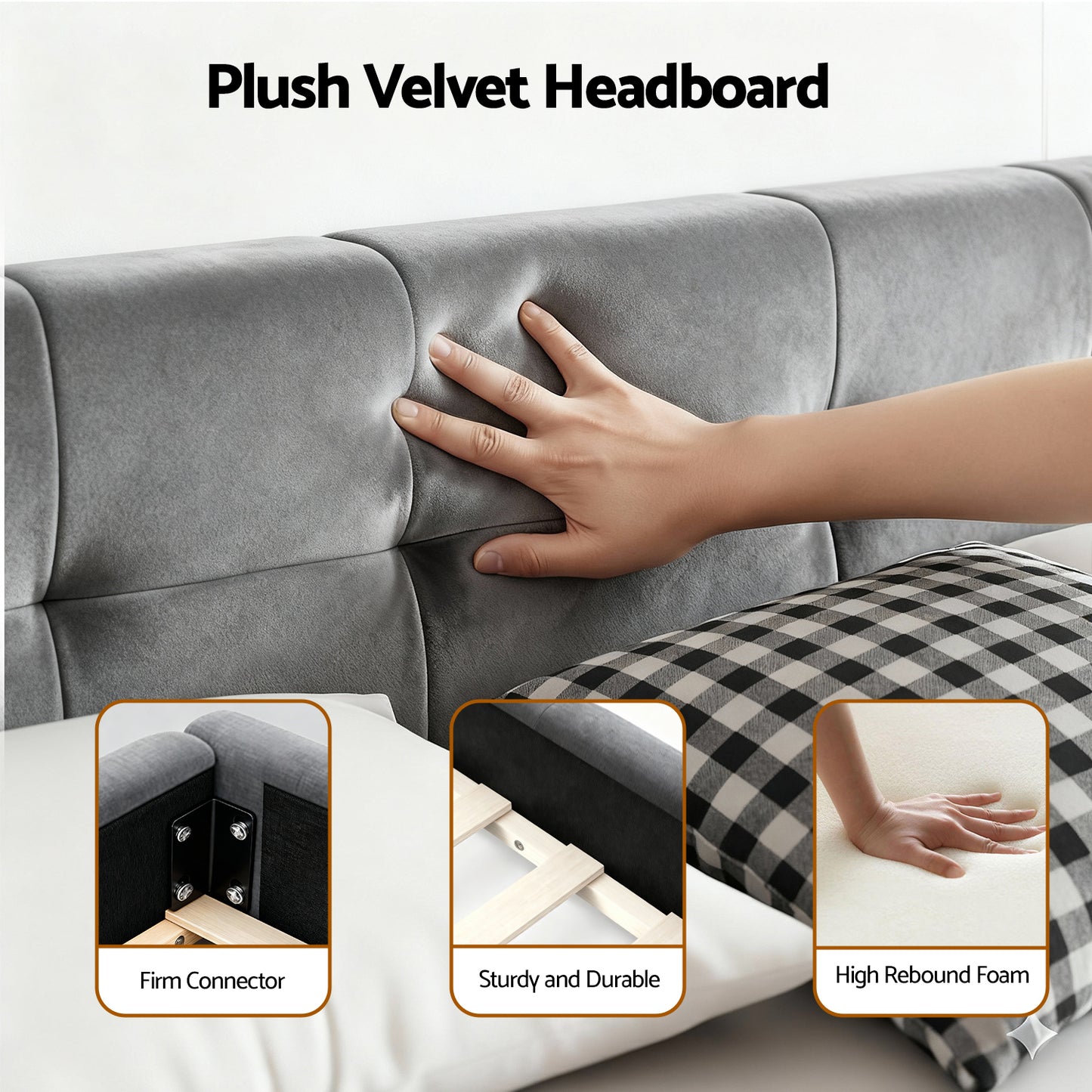 Queen Size Bed Frame Plush Soft Headboard Velvet Platform Base for Modern Bedrooms Grey by Artiss
