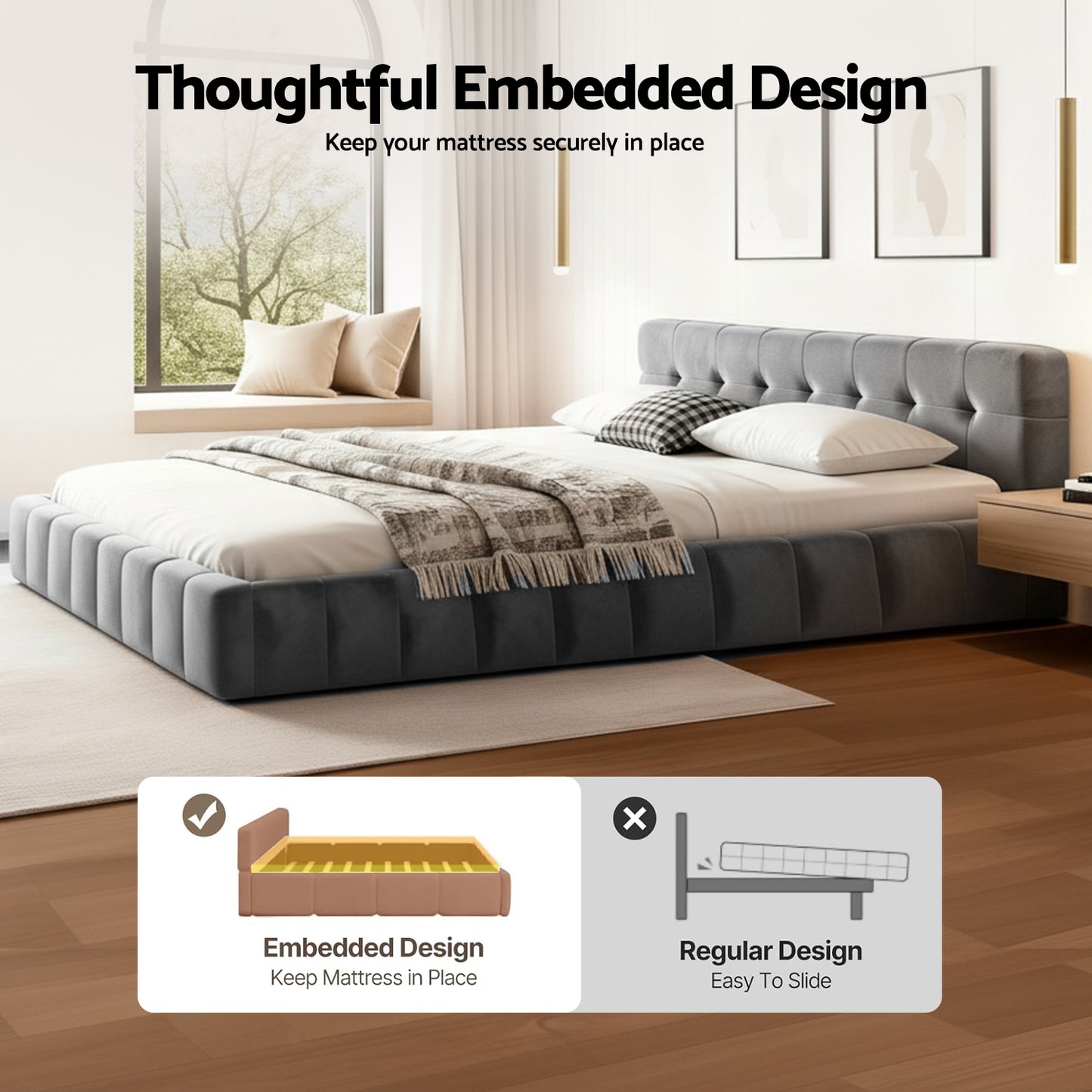 Queen Size Bed Frame Plush Soft Headboard Velvet Platform Base for Modern Bedrooms Grey by Artiss