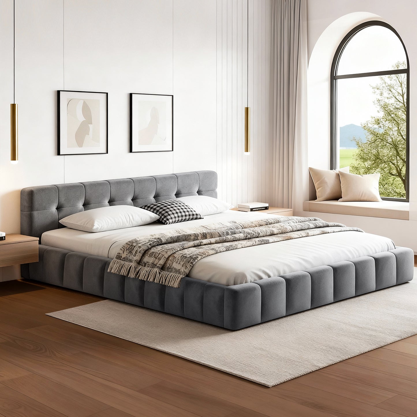 Queen Size Bed Frame Plush Soft Headboard Velvet Platform Base for Modern Bedrooms Grey by Artiss