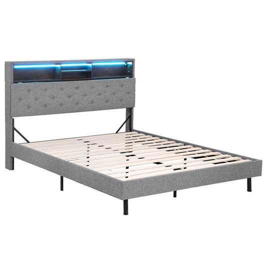 Bed Frame Queen Size LED Mattress Base Platform with Storage Shelf Hidden Storage Box Grey by Artiss