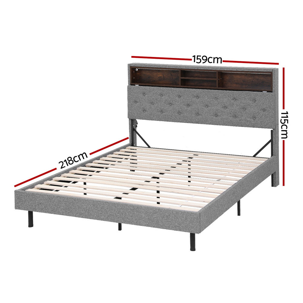 Bed Frame Queen Size LED Mattress Base Platform with Storage Shelf Hidden Storage Box Grey by Artiss