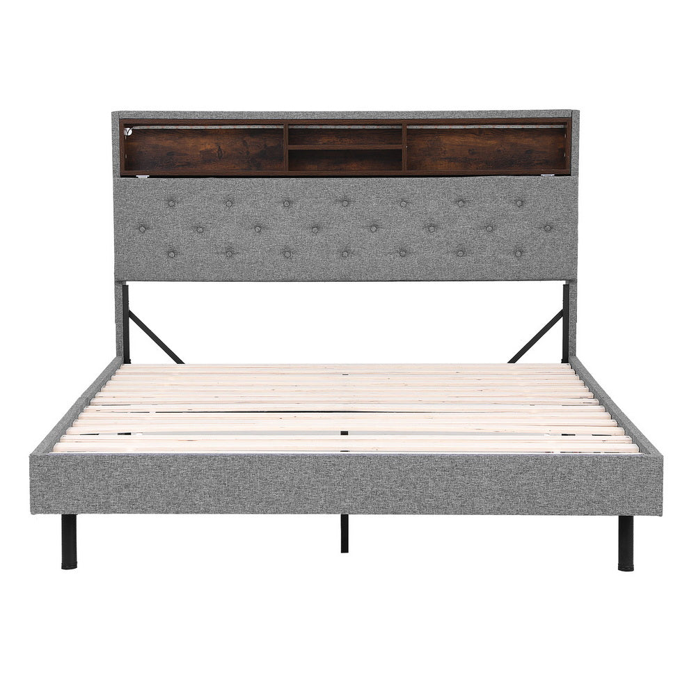 Bed Frame Queen Size LED Mattress Base Platform with Storage Shelf Hidden Storage Box Grey by Artiss