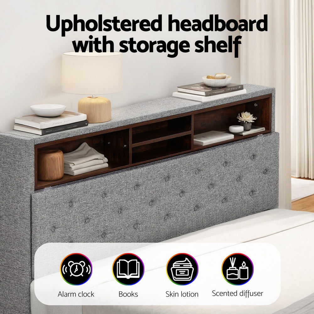 Bed Frame Queen Size LED Mattress Base Platform with Storage Shelf Hidden Storage Box Grey by Artiss