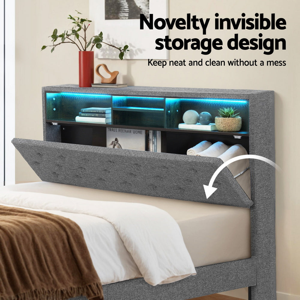 Bed Frame Queen Size LED Mattress Base Platform with Storage Shelf Hidden Storage Box Grey by Artiss