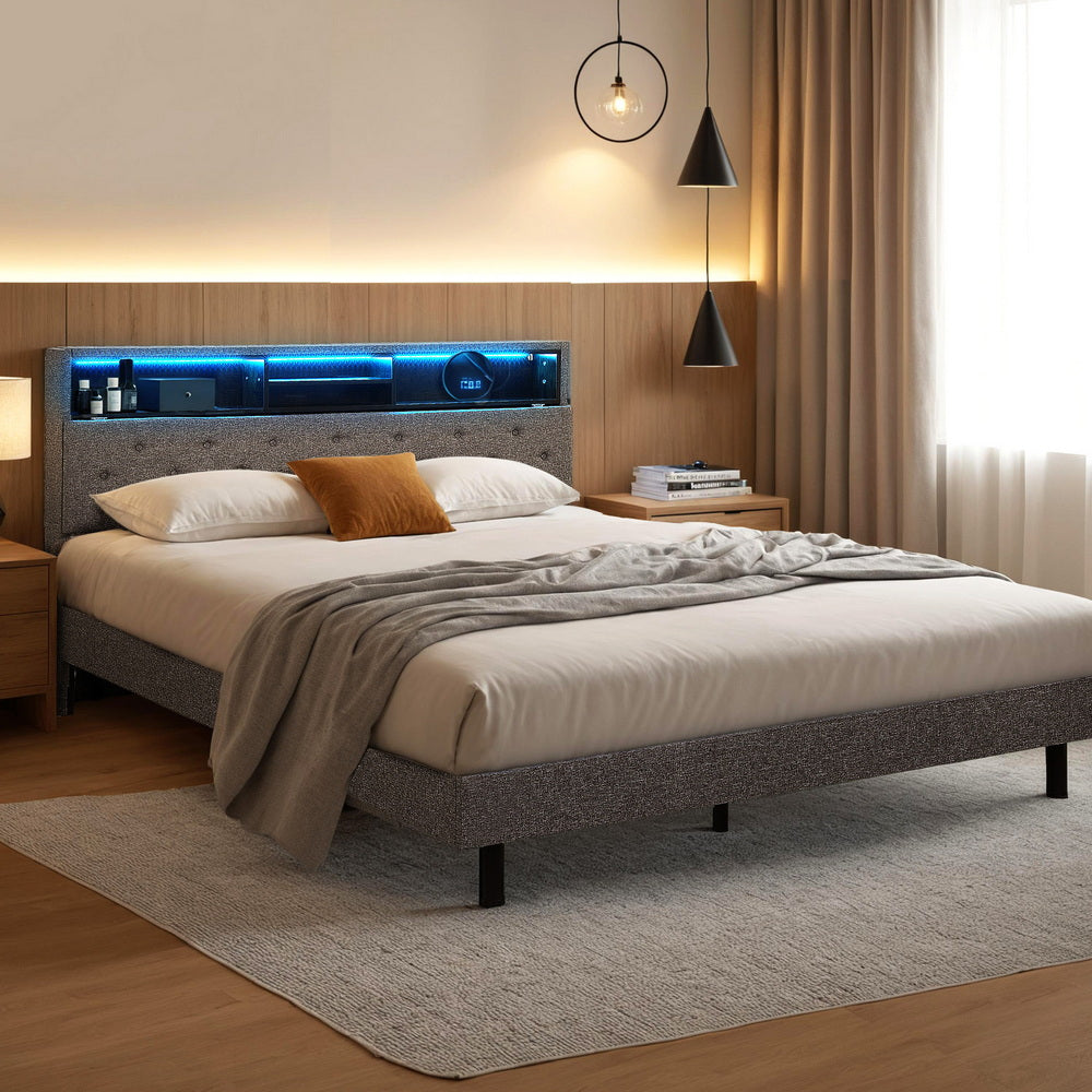 Bed Frame Queen Size LED Mattress Base Platform with Storage Shelf Hidden Storage Box Grey by Artiss