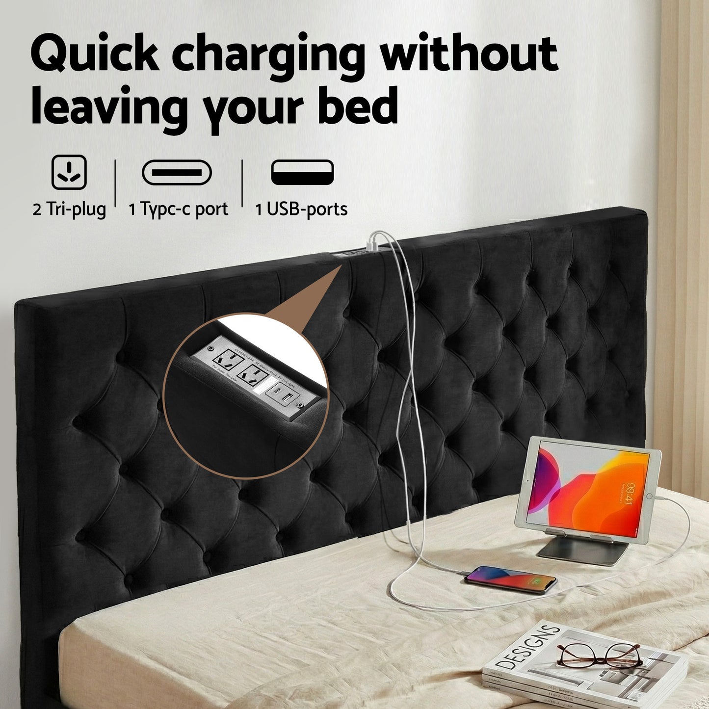 Artiss King Bed Frame Storage Charging Station Upholstered 3 Drawers USB Type-C