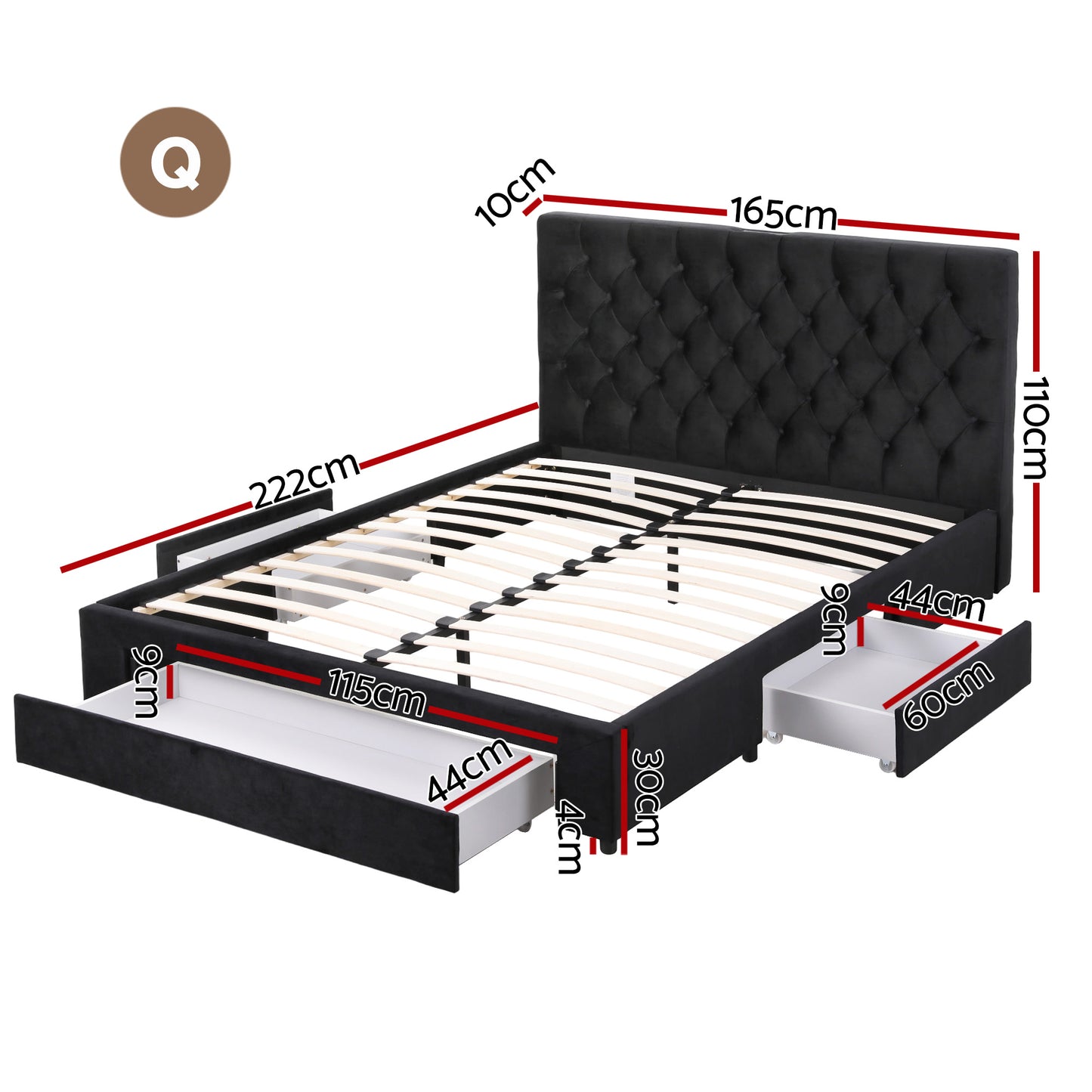 Queen Bed Frame Storage Charging Station Upholstered 3 Drawers USB Type-C by Artiss