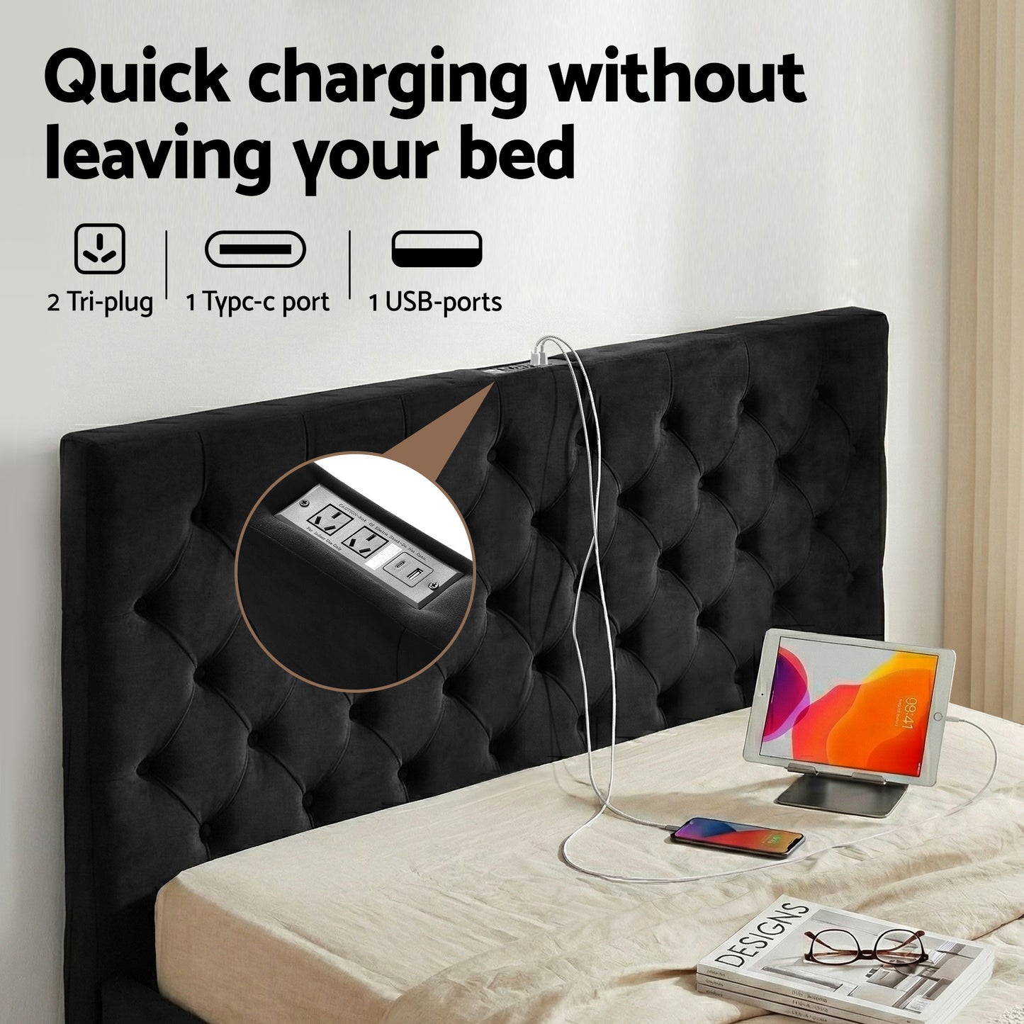 Queen Bed Frame Storage Charging Station Upholstered 3 Drawers USB Type-C by Artiss