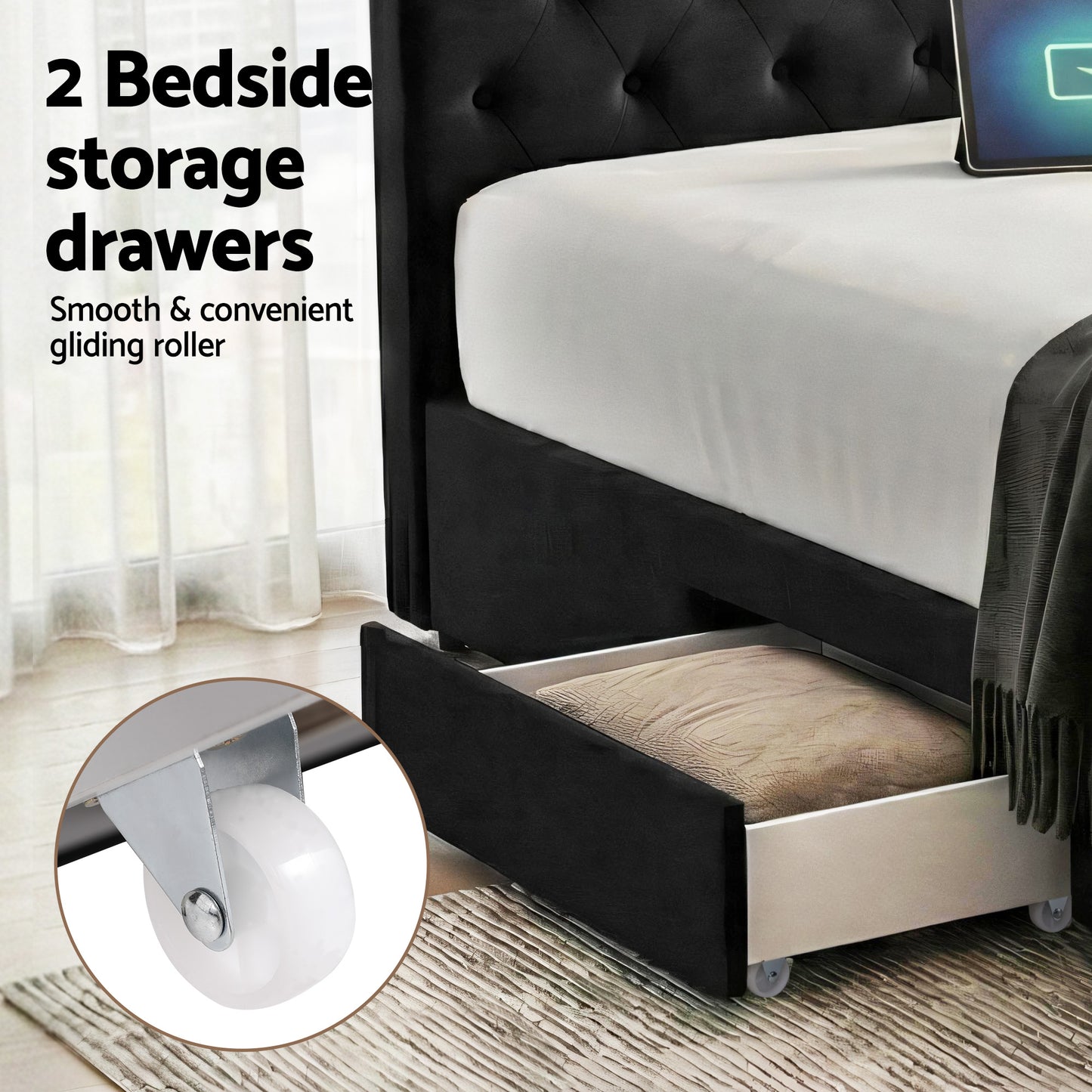 Queen Bed Frame Storage Charging Station Upholstered 3 Drawers USB Type-C by Artiss