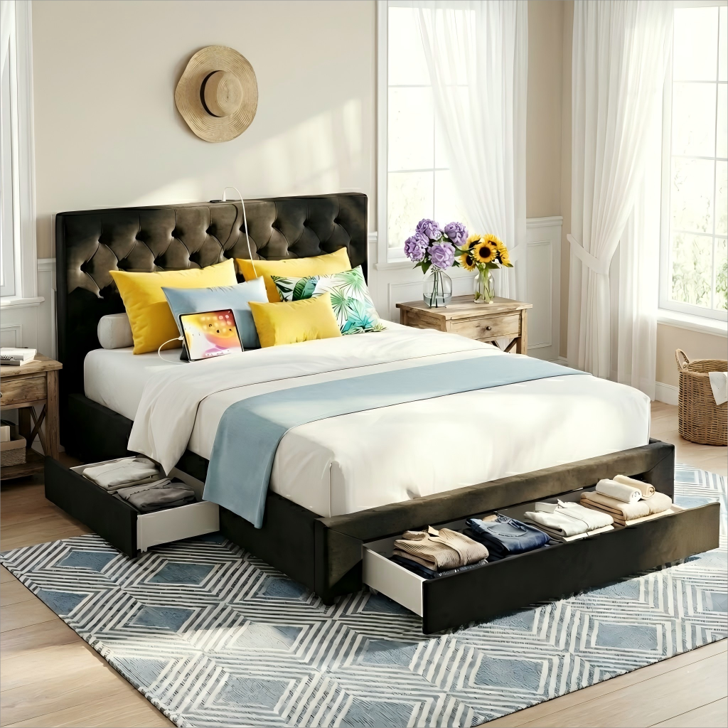 Queen Bed Frame Storage Charging Station Upholstered 3 Drawers USB Type-C by Artiss