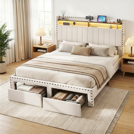Queen Upholstered Bed Frame with Shelf Storage Drawers Charging Station Mood Lighting Linen by Artiss