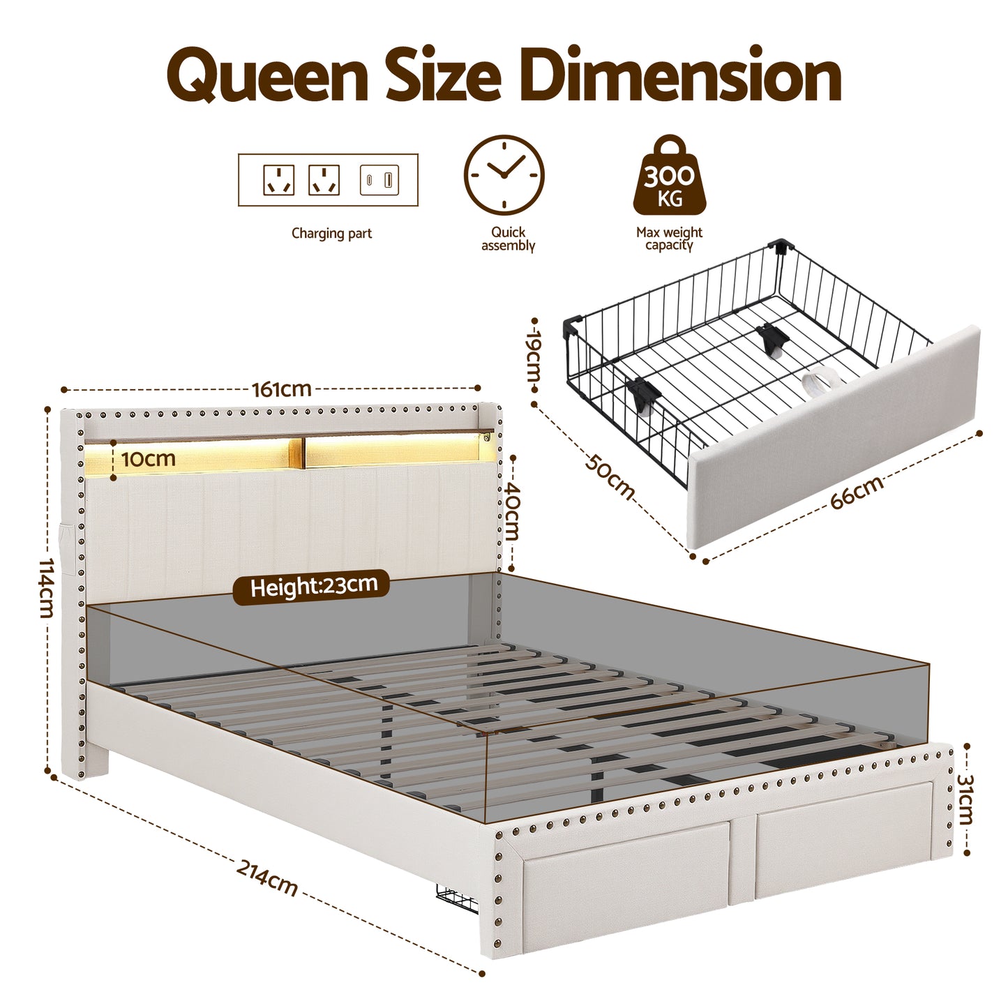 Queen Upholstered Bed Frame with Shelf Storage Drawers Charging Station Mood Lighting Linen by Artiss