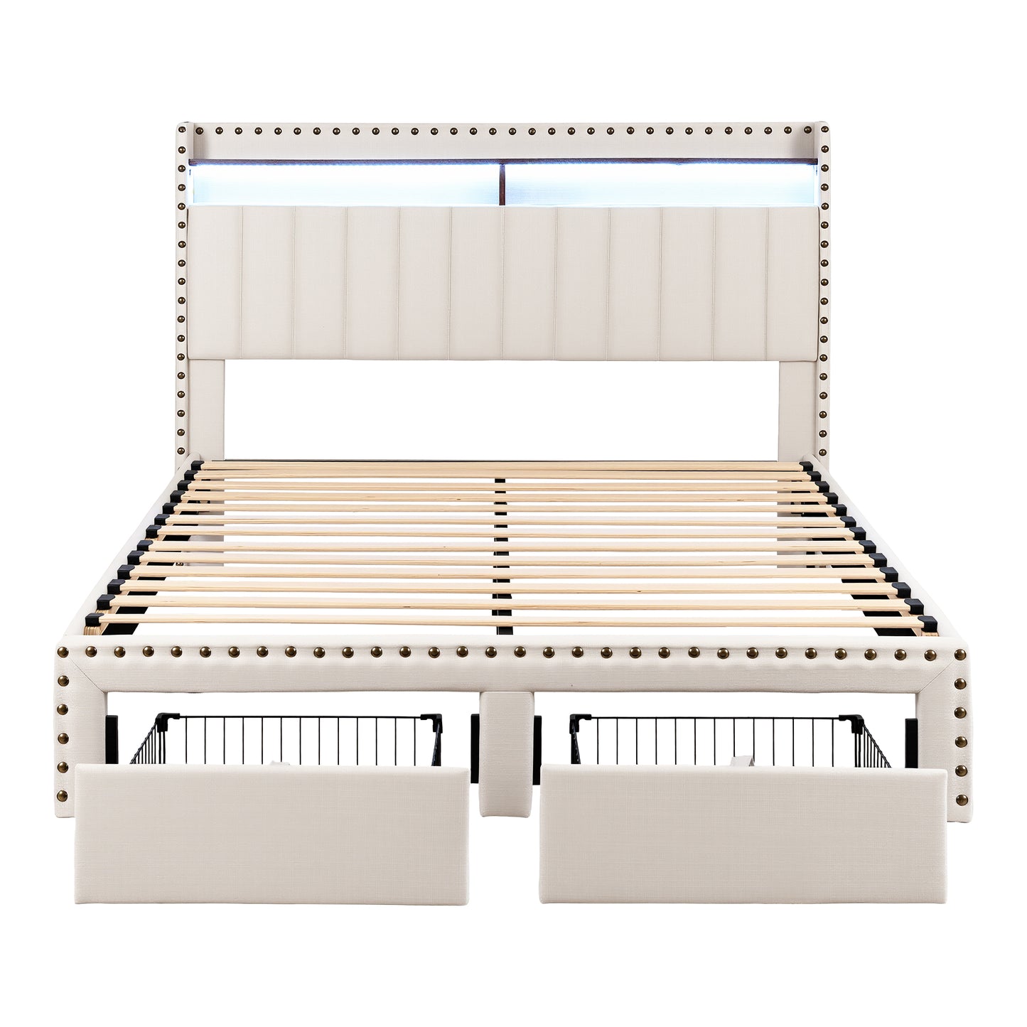 Queen Upholstered Bed Frame with Shelf Storage Drawers Charging Station Mood Lighting Linen by Artiss
