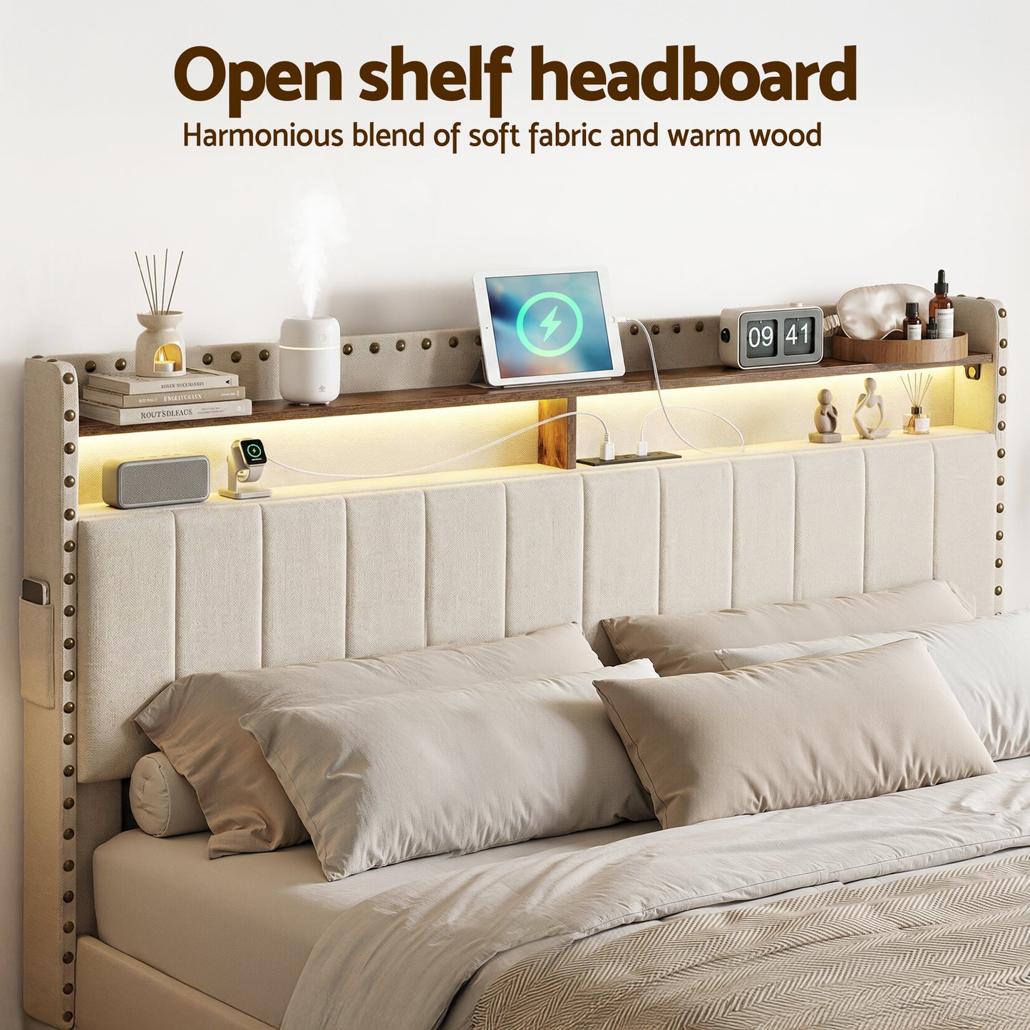 Queen Upholstered Bed Frame with Shelf Storage Drawers Charging Station Mood Lighting Linen by Artiss