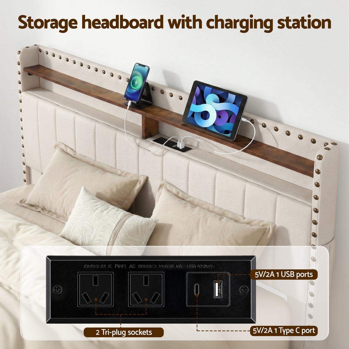 Queen Upholstered Bed Frame with Shelf Storage Drawers Charging Station Mood Lighting Linen by Artiss