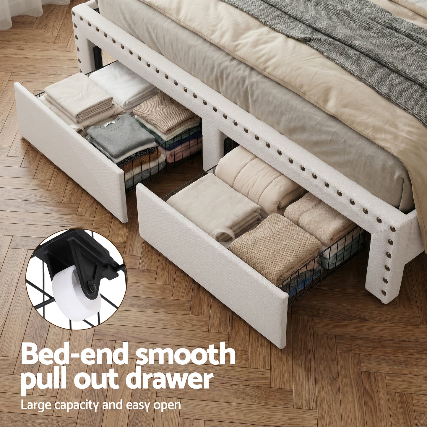 Queen Upholstered Bed Frame with Shelf Storage Drawers Charging Station Mood Lighting Linen by Artiss