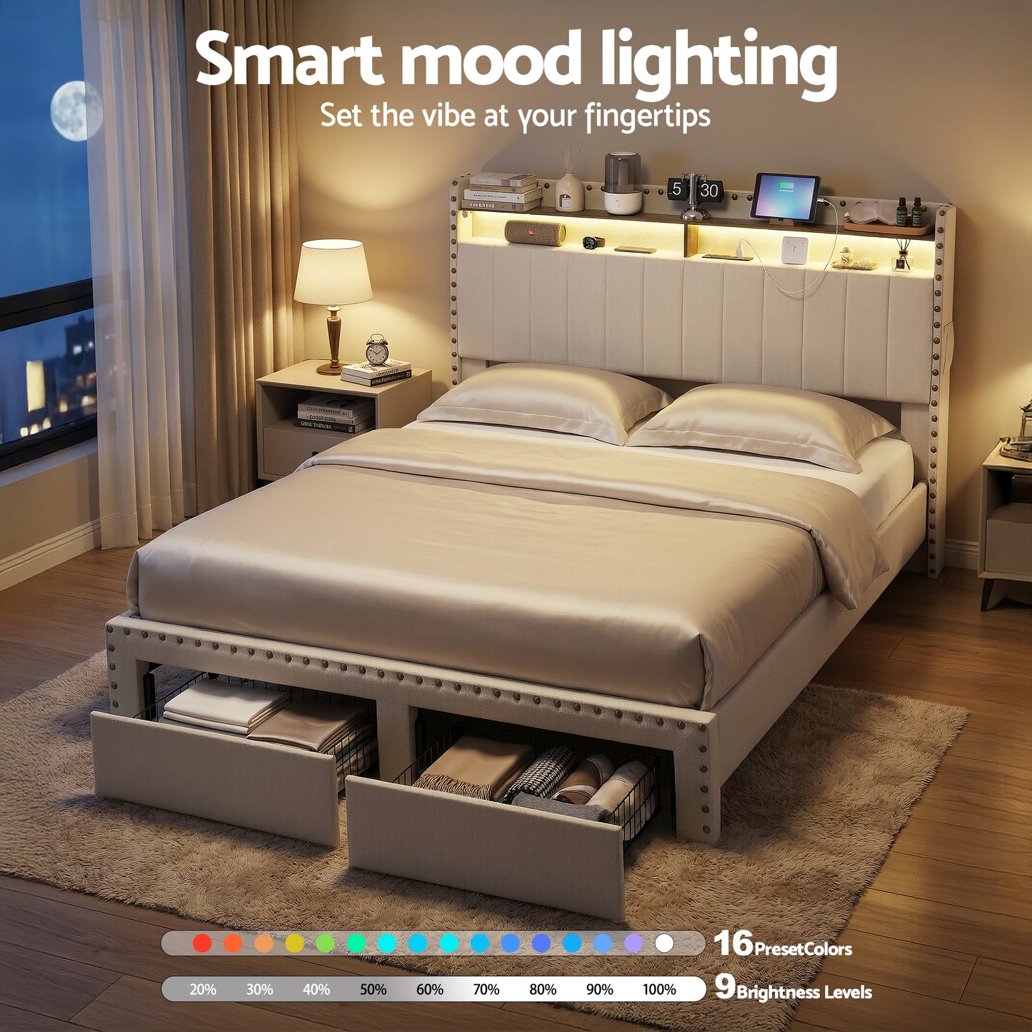 Queen Upholstered Bed Frame with Shelf Storage Drawers Charging Station Mood Lighting Linen by Artiss