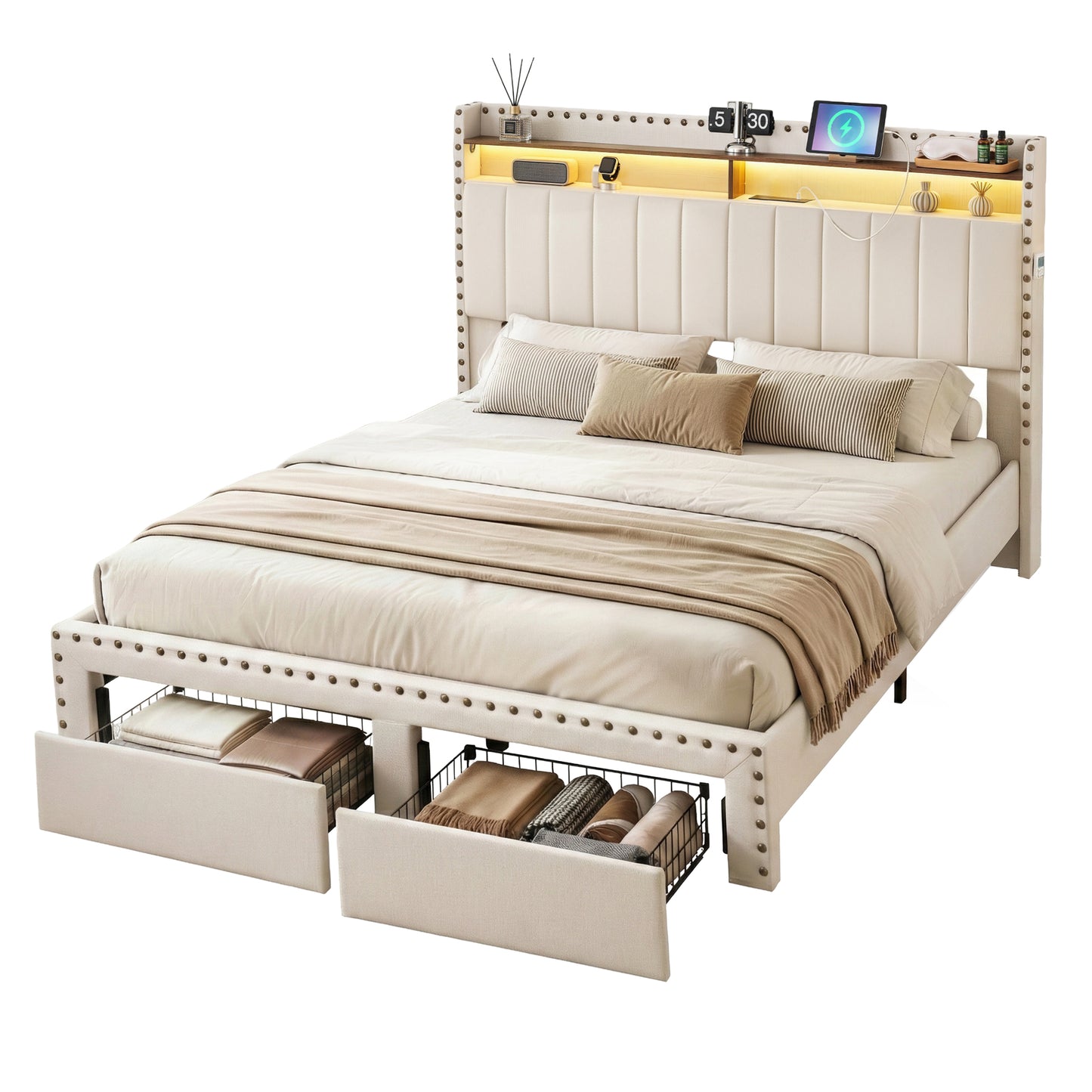 Queen Upholstered Bed Frame with Shelf Storage Drawers Charging Station Mood Lighting Linen by Artiss