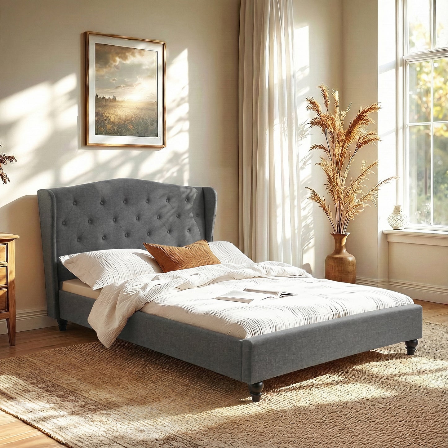 Double Bed Frame with Wingback Headboard Grey Linen Upholstered Platform Bed Base by Artiss