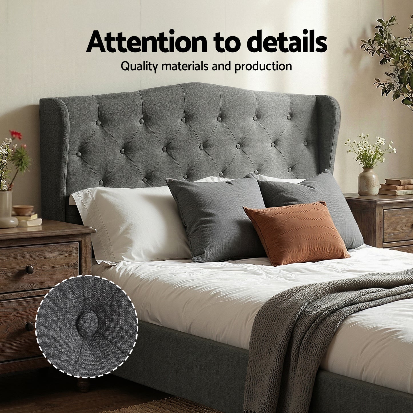Double Bed Frame with Wingback Headboard Grey Linen Upholstered Platform Bed Base by Artiss