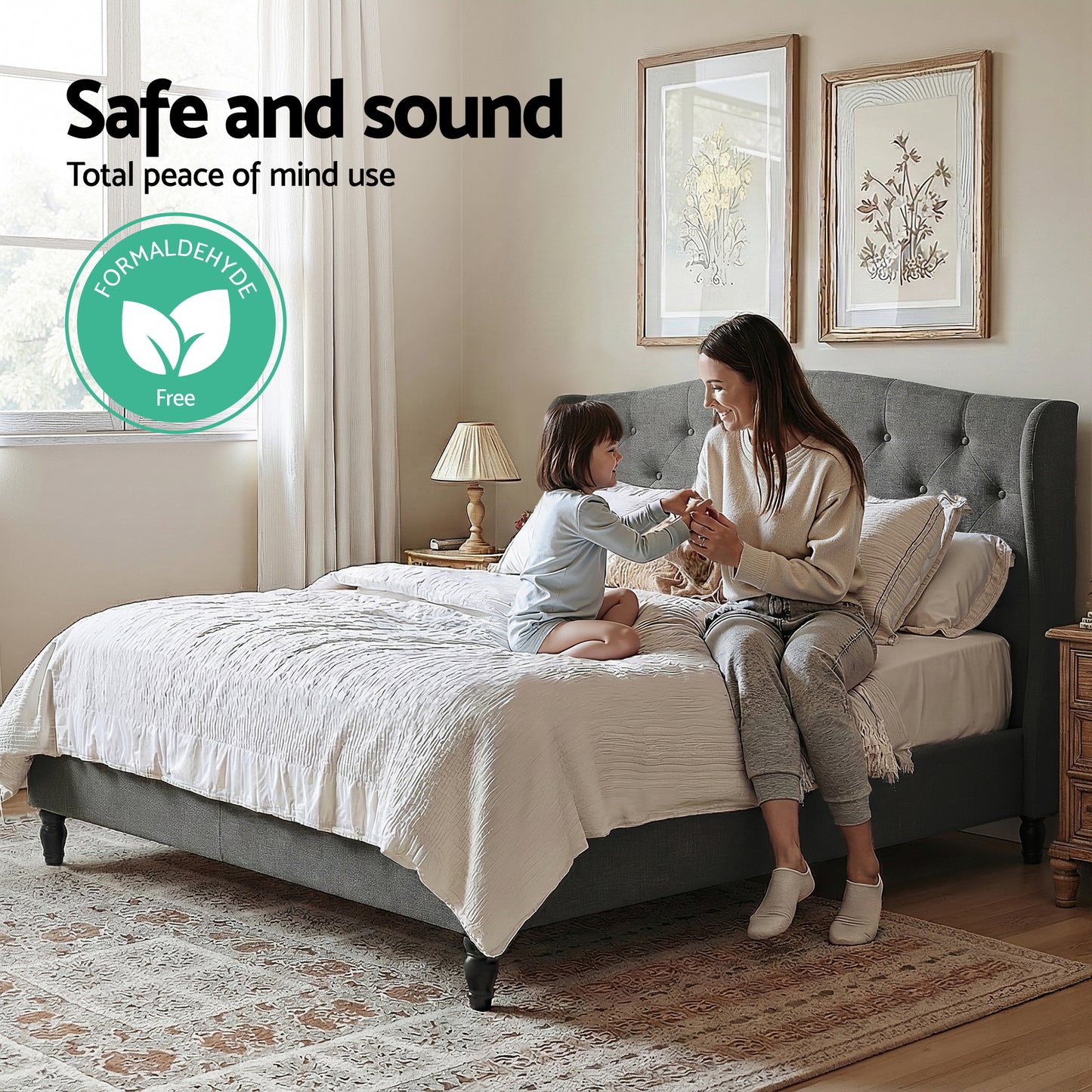 Double Bed Frame with Wingback Headboard Grey Linen Upholstered Platform Bed Base by Artiss