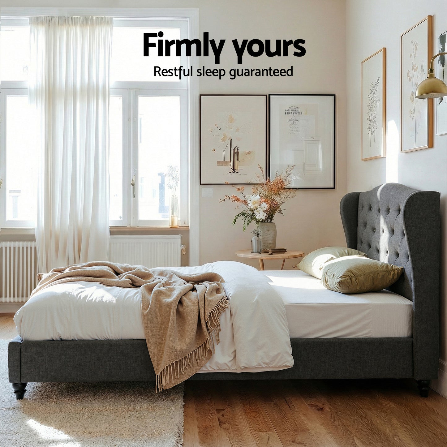 Double Bed Frame with Wingback Headboard Grey Linen Upholstered Platform Bed Base by Artiss