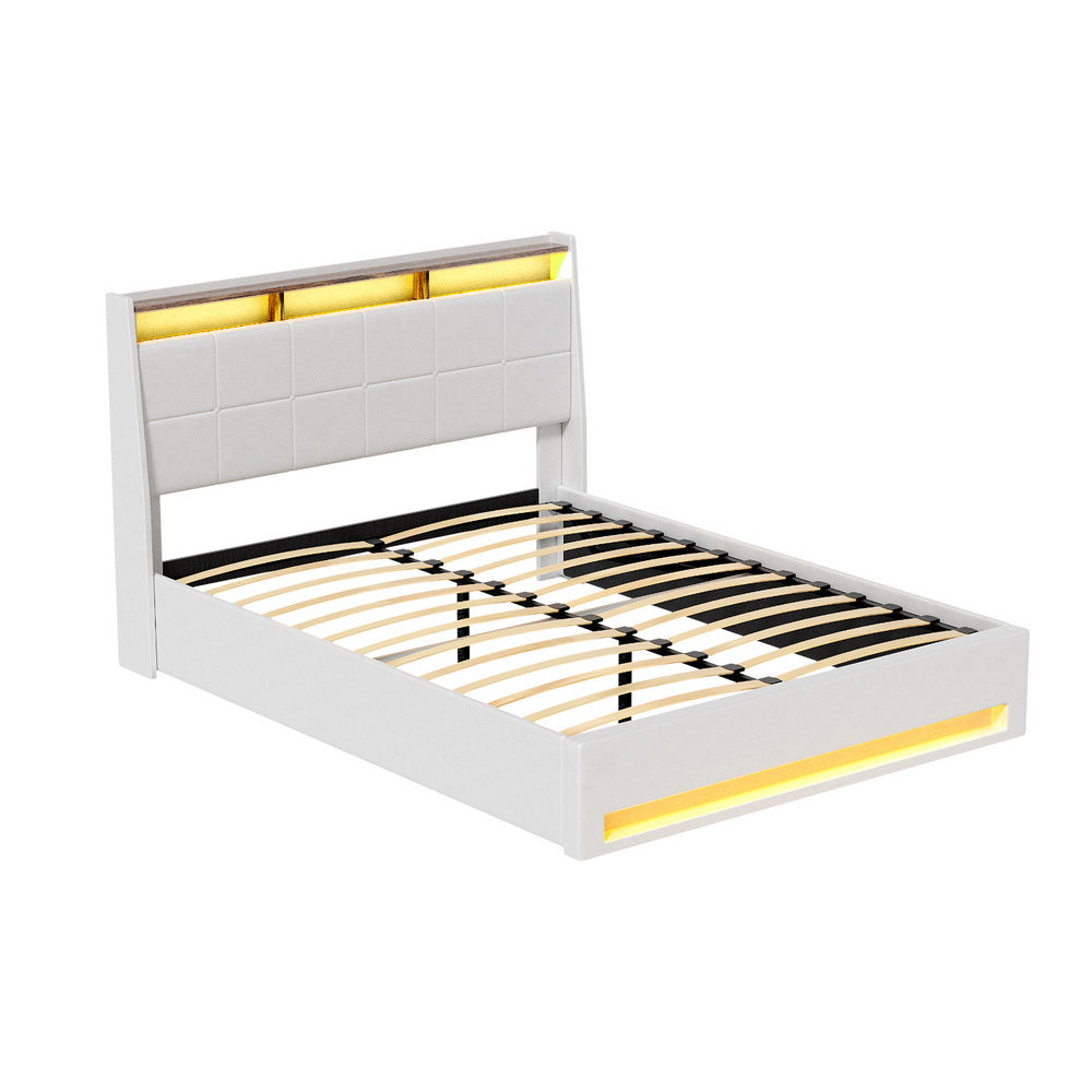 Bed Frame Gas Lift LED Beds Base Platform White PVC Leather Storage Headboard - Queen by Artiss
