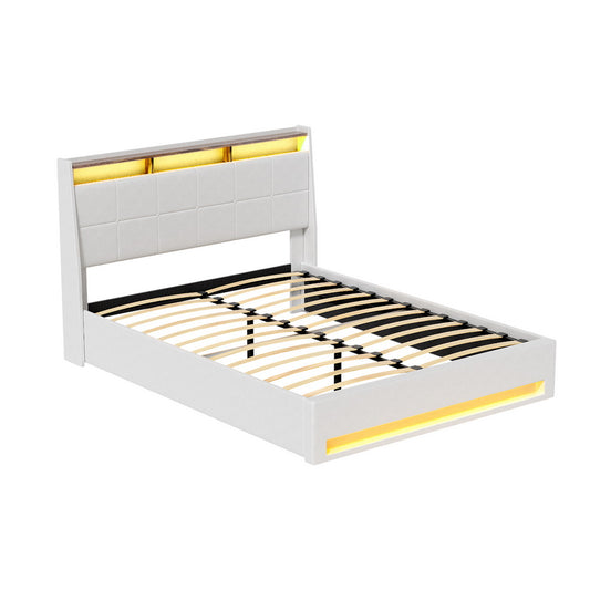 Bed Frame Gas Lift LED Beds Base Platform White PVC Leather Storage Headboard - Queen by Artiss