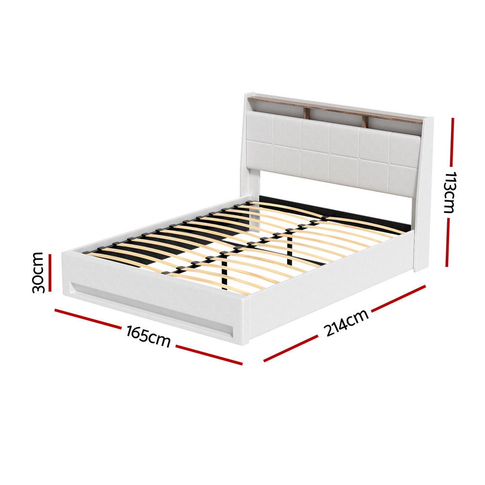 Bed Frame Gas Lift LED Beds Base Platform White PVC Leather Storage Headboard - Queen by Artiss