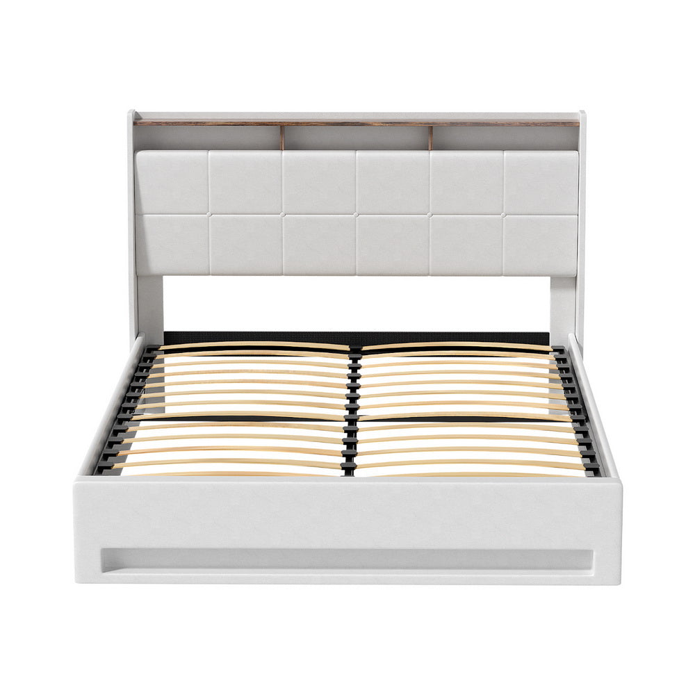 Bed Frame Gas Lift LED Beds Base Platform White PVC Leather Storage Headboard - Queen by Artiss