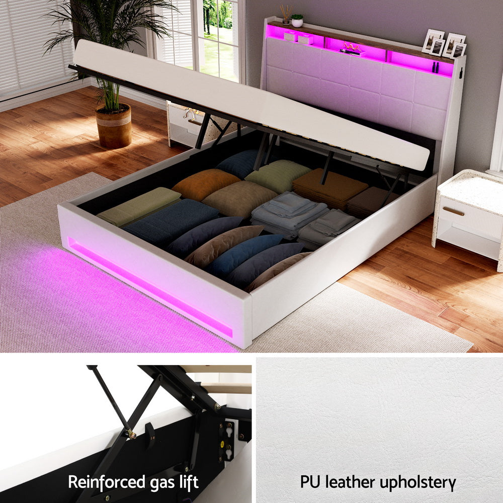 Bed Frame Gas Lift LED Beds Base Platform White PVC Leather Storage Headboard - Queen by Artiss