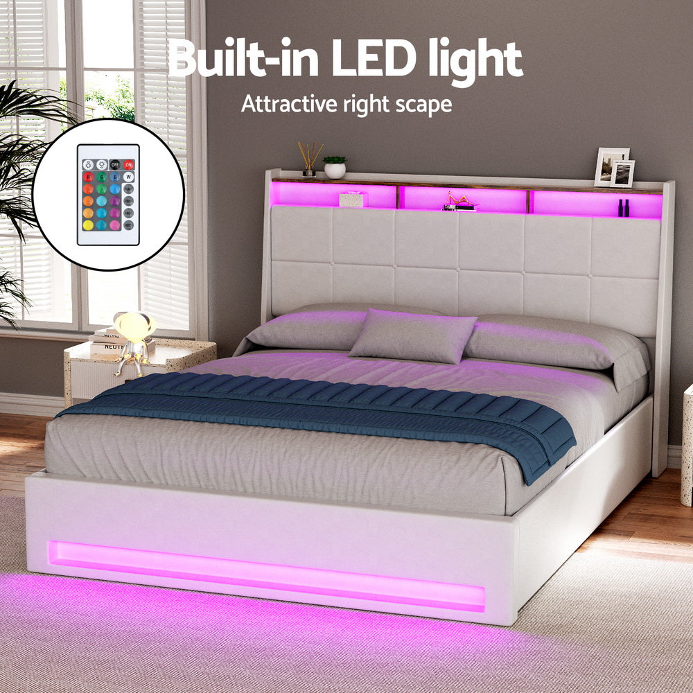 Bed Frame Gas Lift LED Beds Base Platform White PVC Leather Storage Headboard - Queen by Artiss