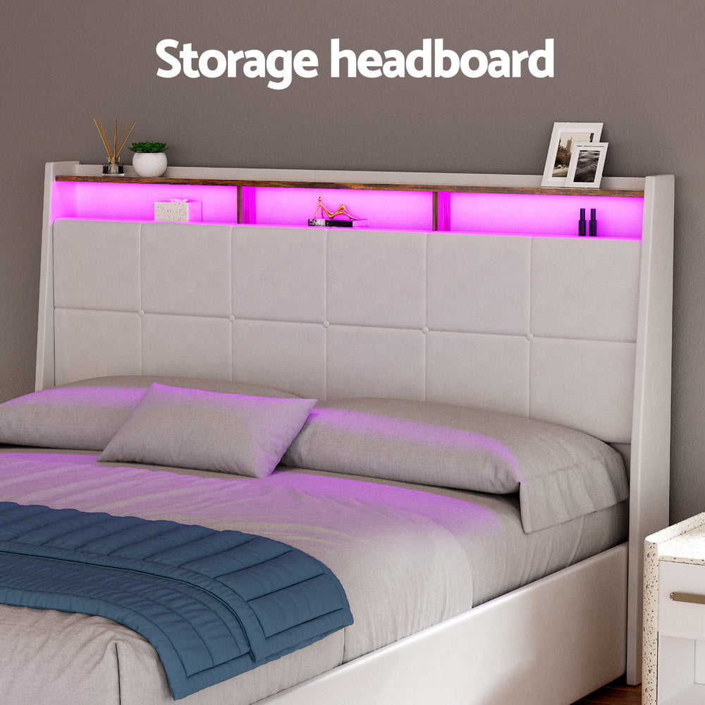 Bed Frame Gas Lift LED Beds Base Platform White PVC Leather Storage Headboard - Queen by Artiss