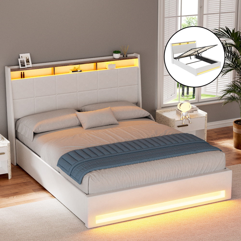 Bed Frame Gas Lift LED Beds Base Platform White PVC Leather Storage Headboard - Queen by Artiss
