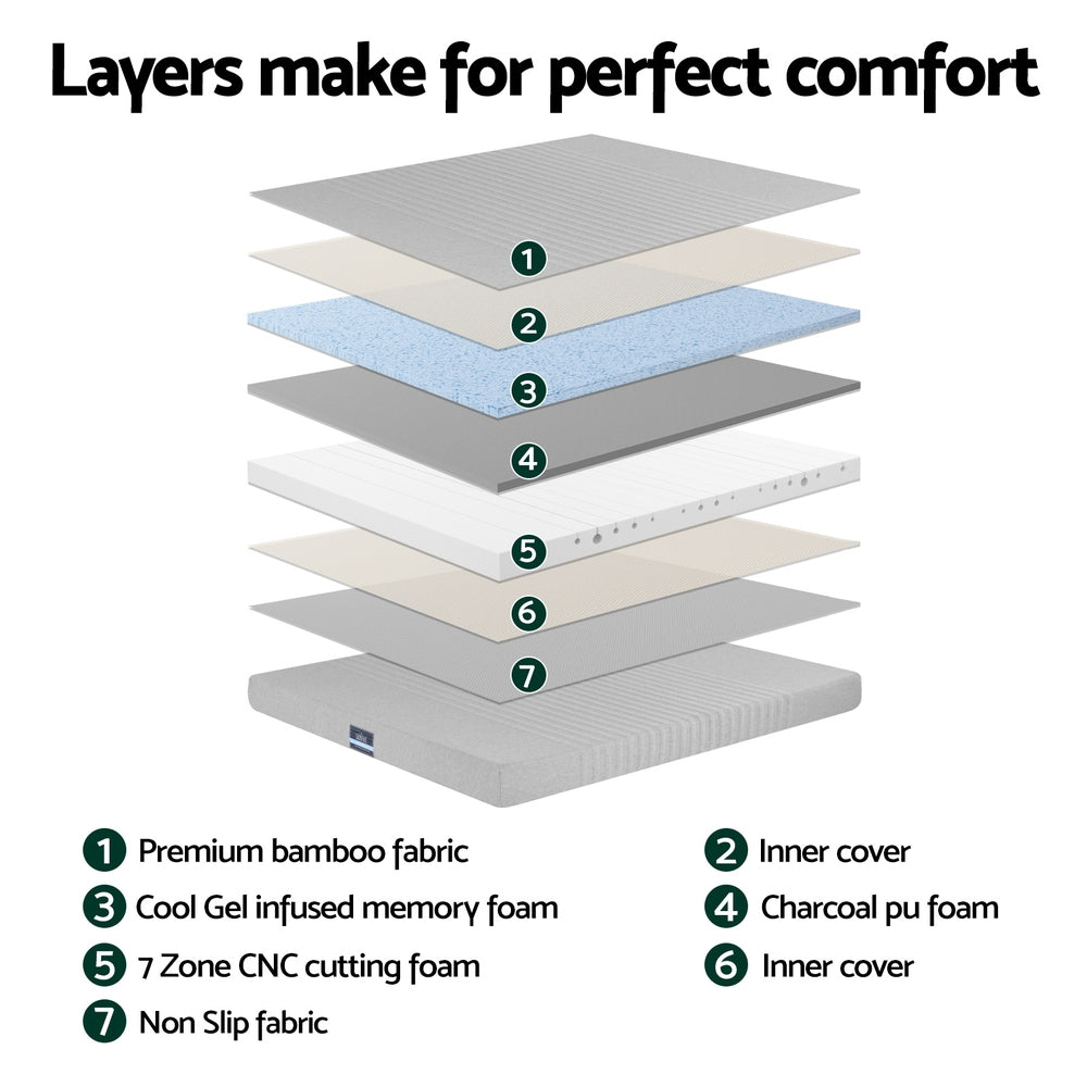 Cool Gel  Queen Memory Foam Mattress Charcoal 7-Zone Washable Bamboo Cover 15cm by Giselle Bedding