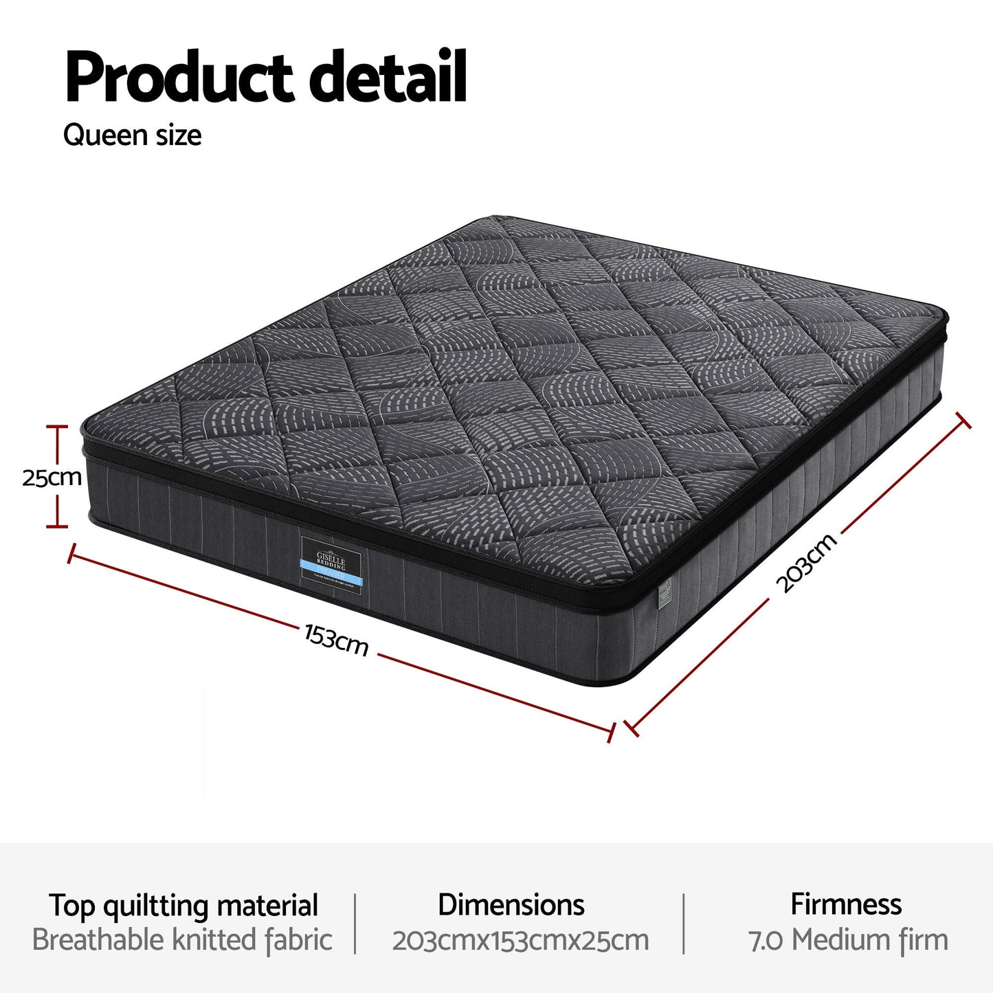 Queen Bedding Mattress 25cm Pocket Spring Latex Euro Top Medium Firm Bed by Giselle Bedding