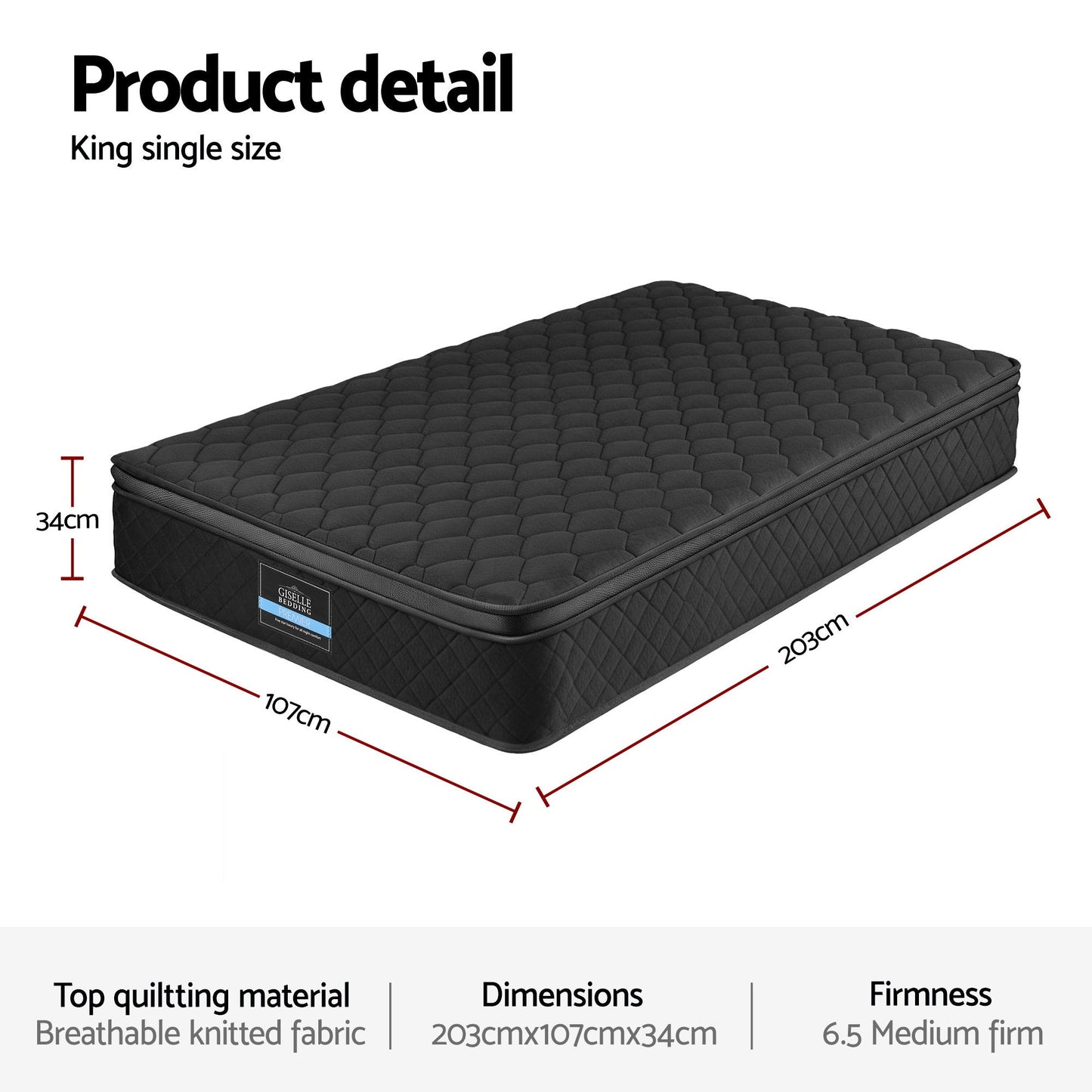 Giselle Bedding King Single Mattress 34cm Euro Top with 5-Zone Pocket Spring Support Black